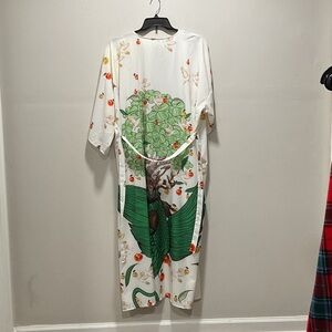 White Kimono with Green Tree and Animal Print